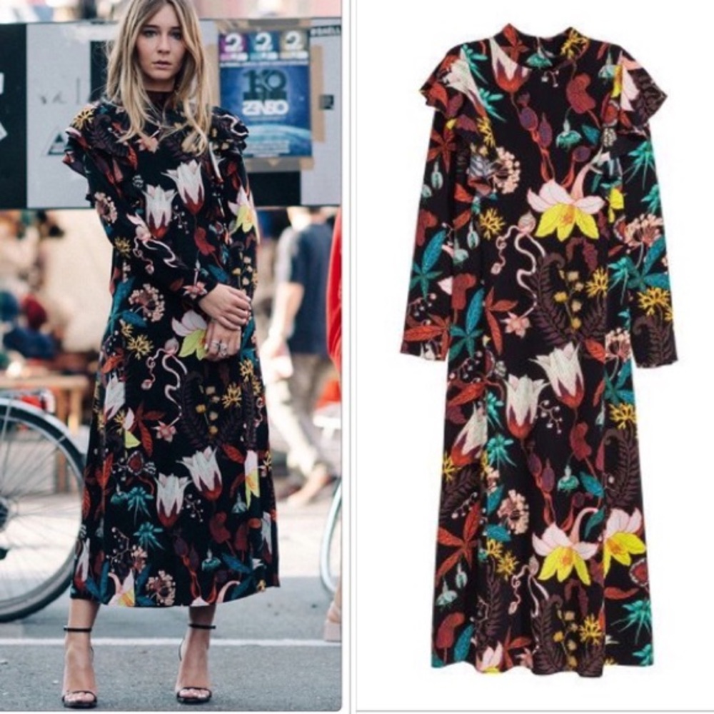 H&M Black Floral Ruffle Shoulder Long Sleeve Maxi Dress Blogger Favorite Size 6